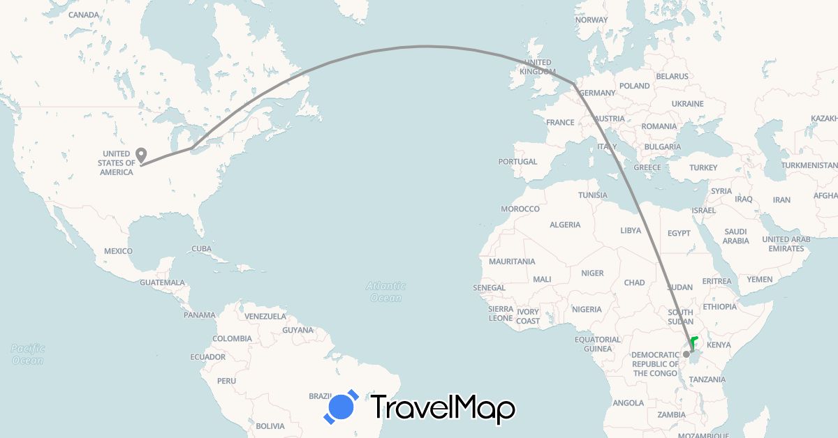 TravelMap itinerary: bus, plane in Netherlands, Uganda, United States (Africa, Europe, North America)